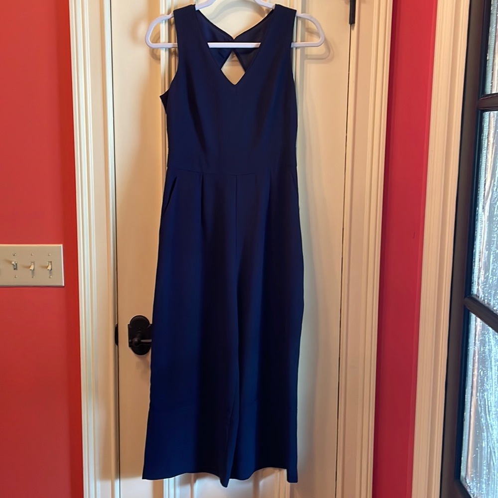 Navy blue polyester cropped jumpsuit with V-front and back cutout detail size 2